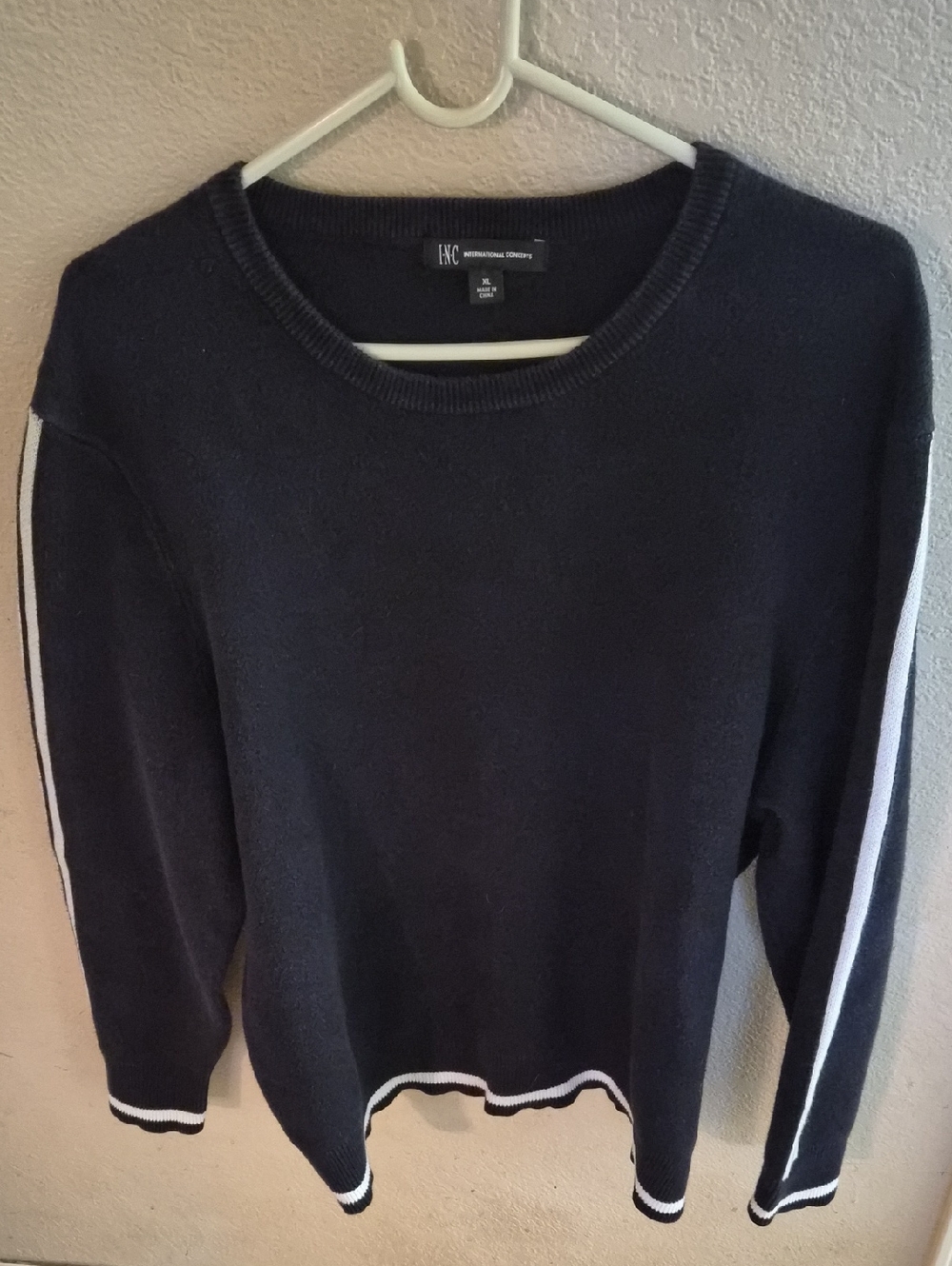 INC International Concepts Navy Crewneck Sweater with White Stripe Accents